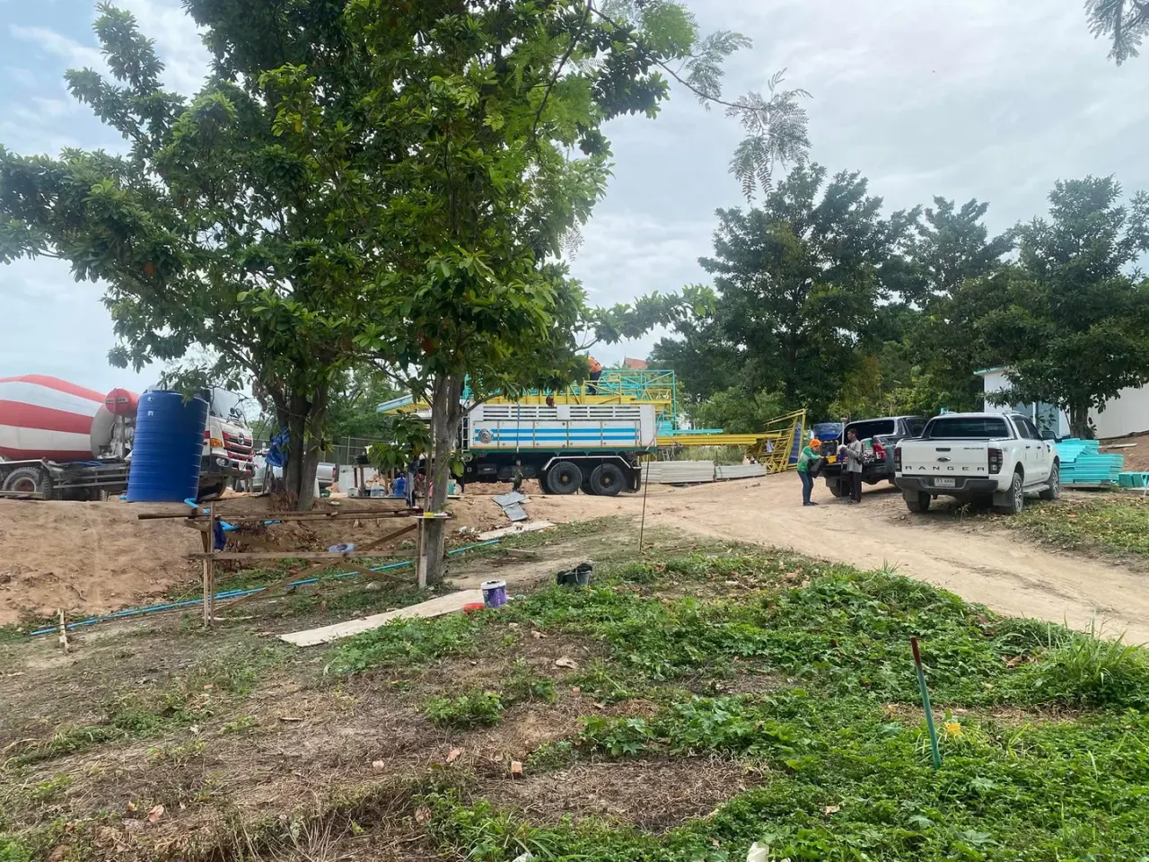 Truck with steel structures arrived at the new construction site in Chong Mon
