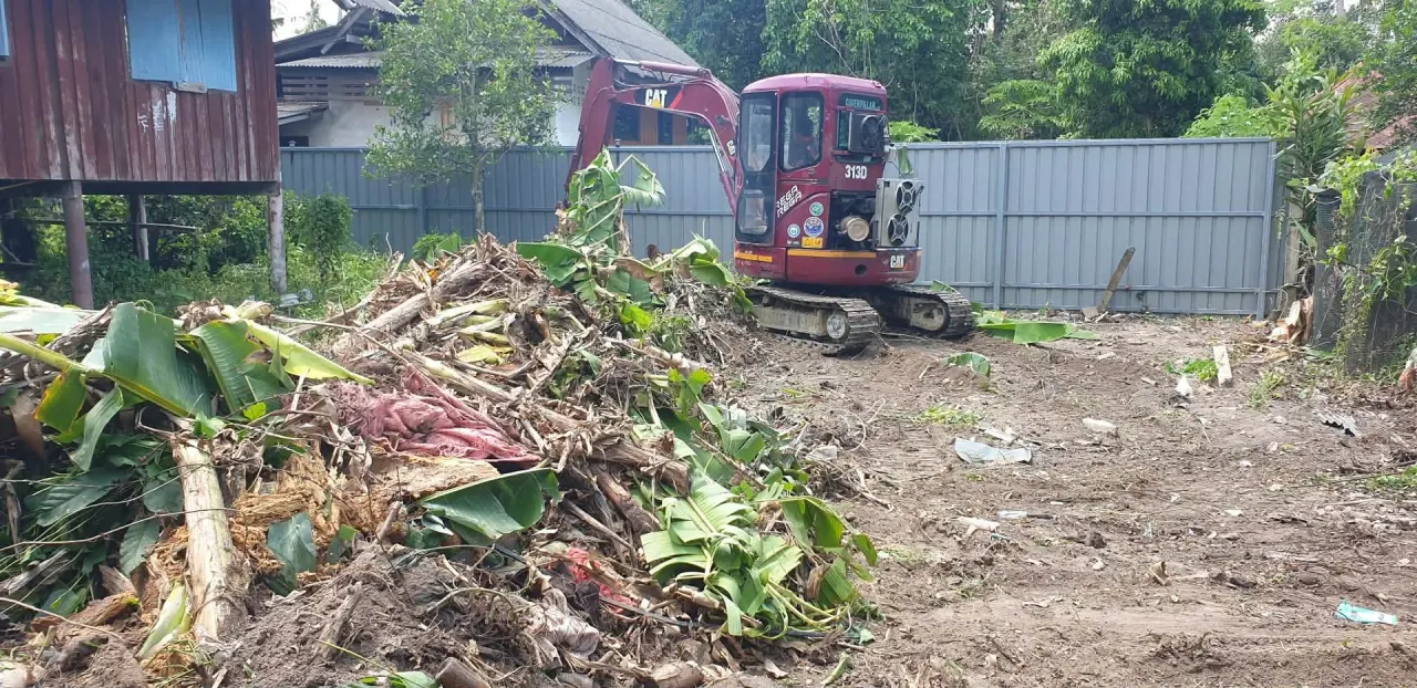 Excavator clearing banana trees and vegetation from the plot